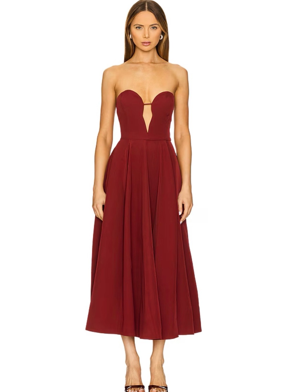 Bardot Strapless Burgundy Sweetheart Midi Dress